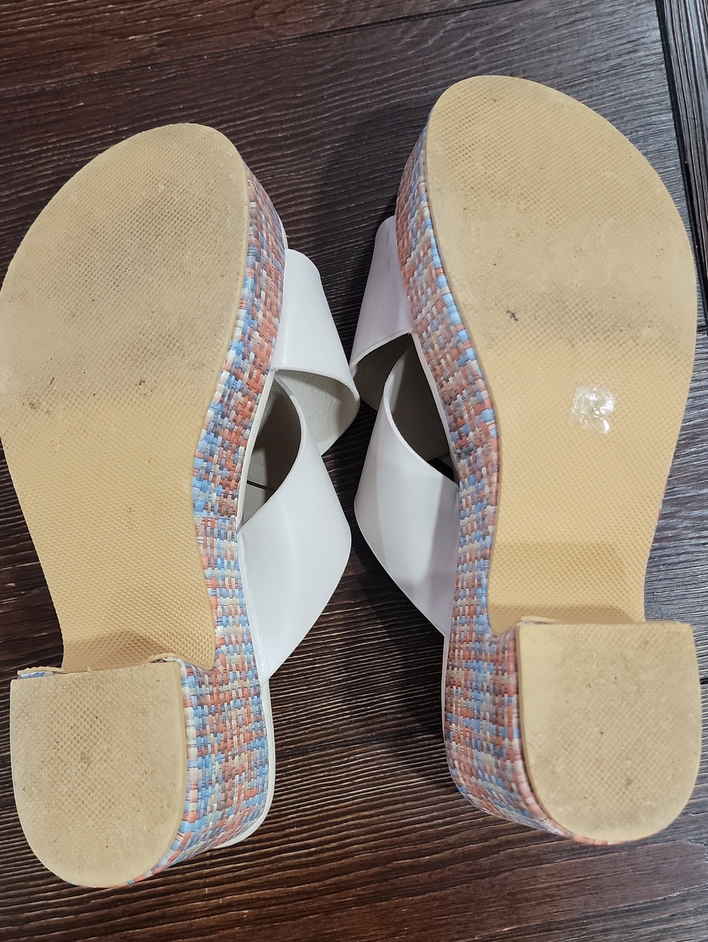 Cream Crisscross Platform Sandals with Multicolor Tweed Heel - Picture 9 of 9